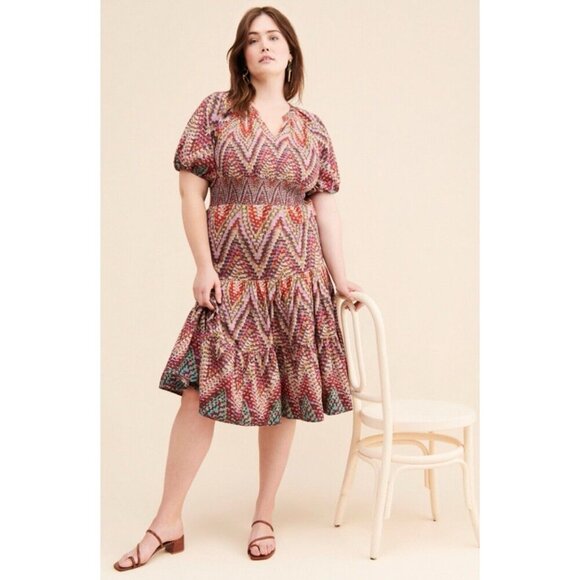 Anthropologie Conditions Apply Women's Puff Sleeve Geo Ruffle Tier Midi Size 24 - Picture 1 of 12